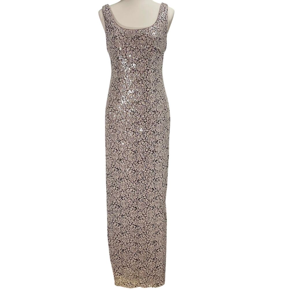 Ignite Evenings by Carol Lin Sequin Maxi Dress Cream Floral Sleeveless Size 12